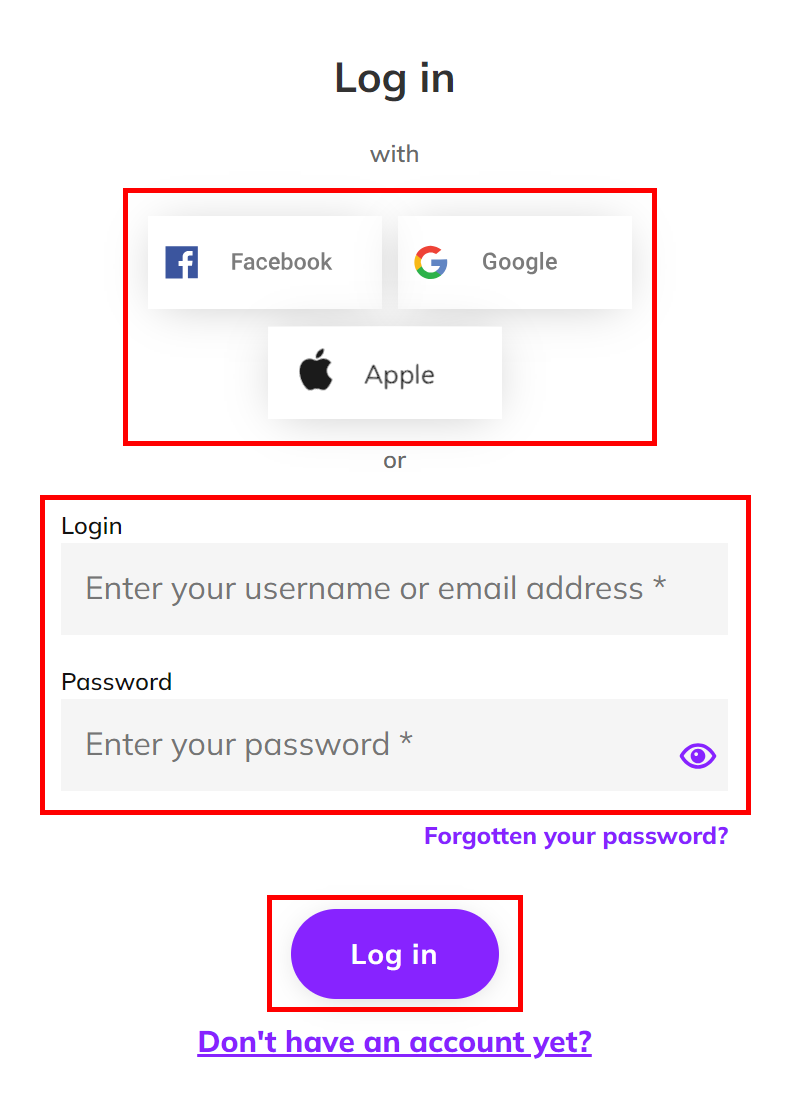 Screenshot showing the login page with fields for email and password, and social login options, with the 'Log in' button highlighted