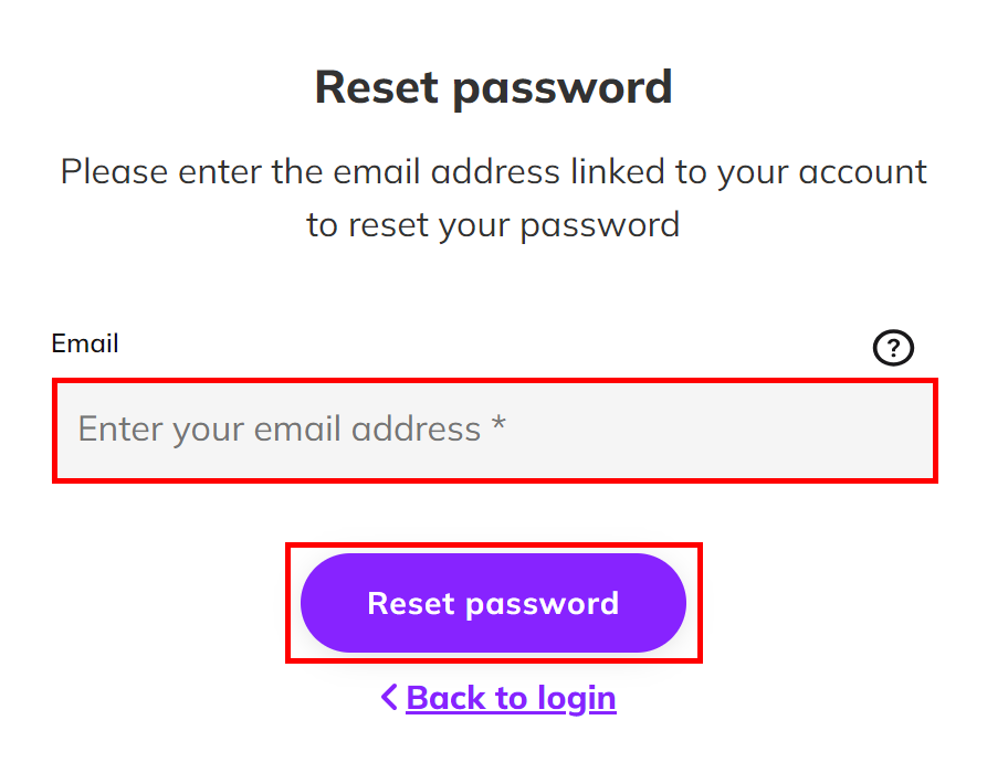 Screenshot showing the 'Reset password' page with the email address field and 'Reset password' button highlighted
