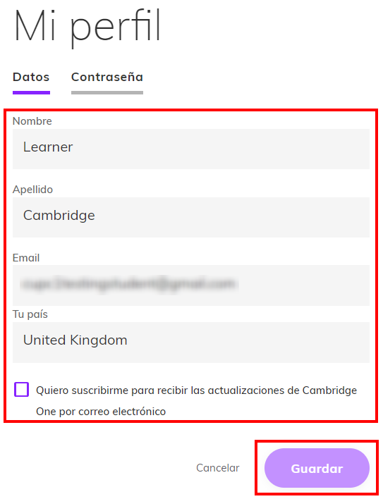 Captura de pantalla resaltando los campos que se pueden actualizar, así como el botón 'Guardar'