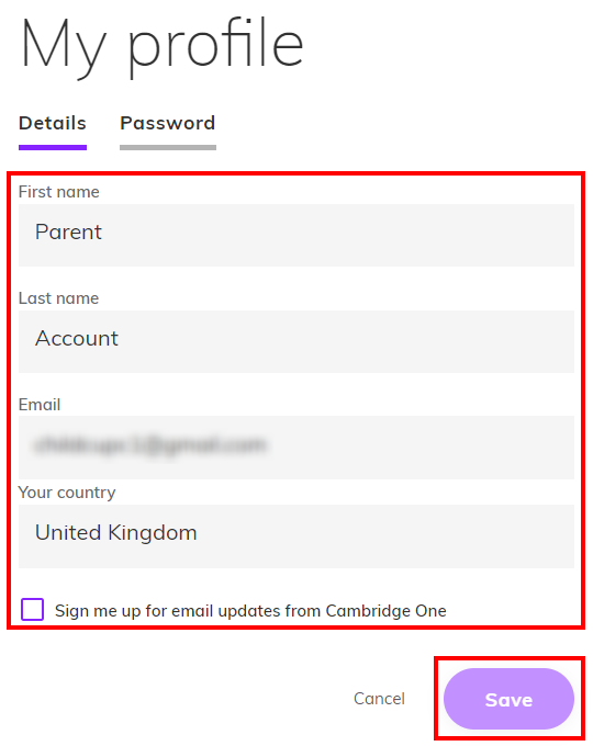 Screenshot highlighting the fields that can be updated as well as the 'Save' button