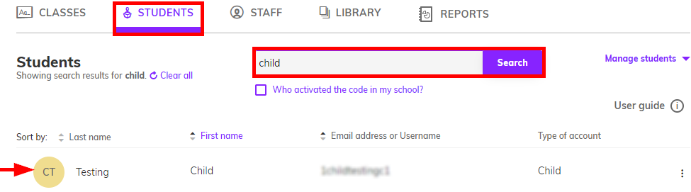 Screenshot of the Administrator dashboard, student tab, search bar are highlighted, and search results shows an account