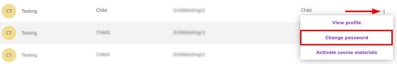 Screenshot of the three dot menu, the 'Change password' button is highlighted