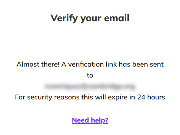 Screenshot showing the message to check the email to verify the account