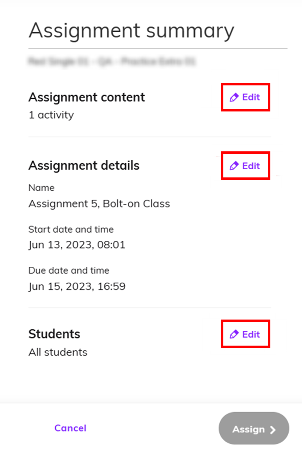 Screenshot showing the 'Assignment Summary' section with the 'Edit' buttons highlighted