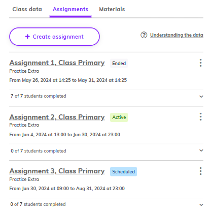 Screenshot of the 'Assignments' with different assignment status