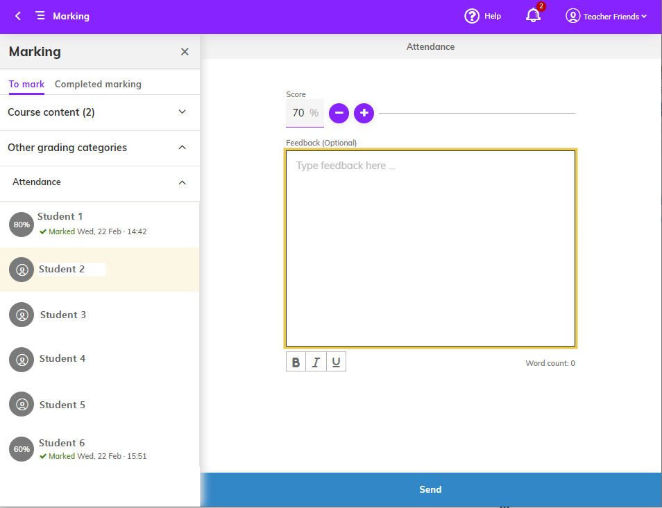 Screenshot of the marking page showing the Score and feedback fields and the Send button
