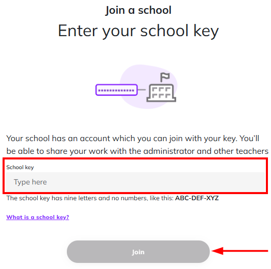 Screenshot showing the 'Join a school' screen where the user is prompted to enter a school key, with the 'Join' button highlighted