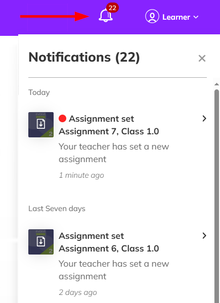 Screenshot showing the 'Notifications' panel with the 'bell' icon highlighted