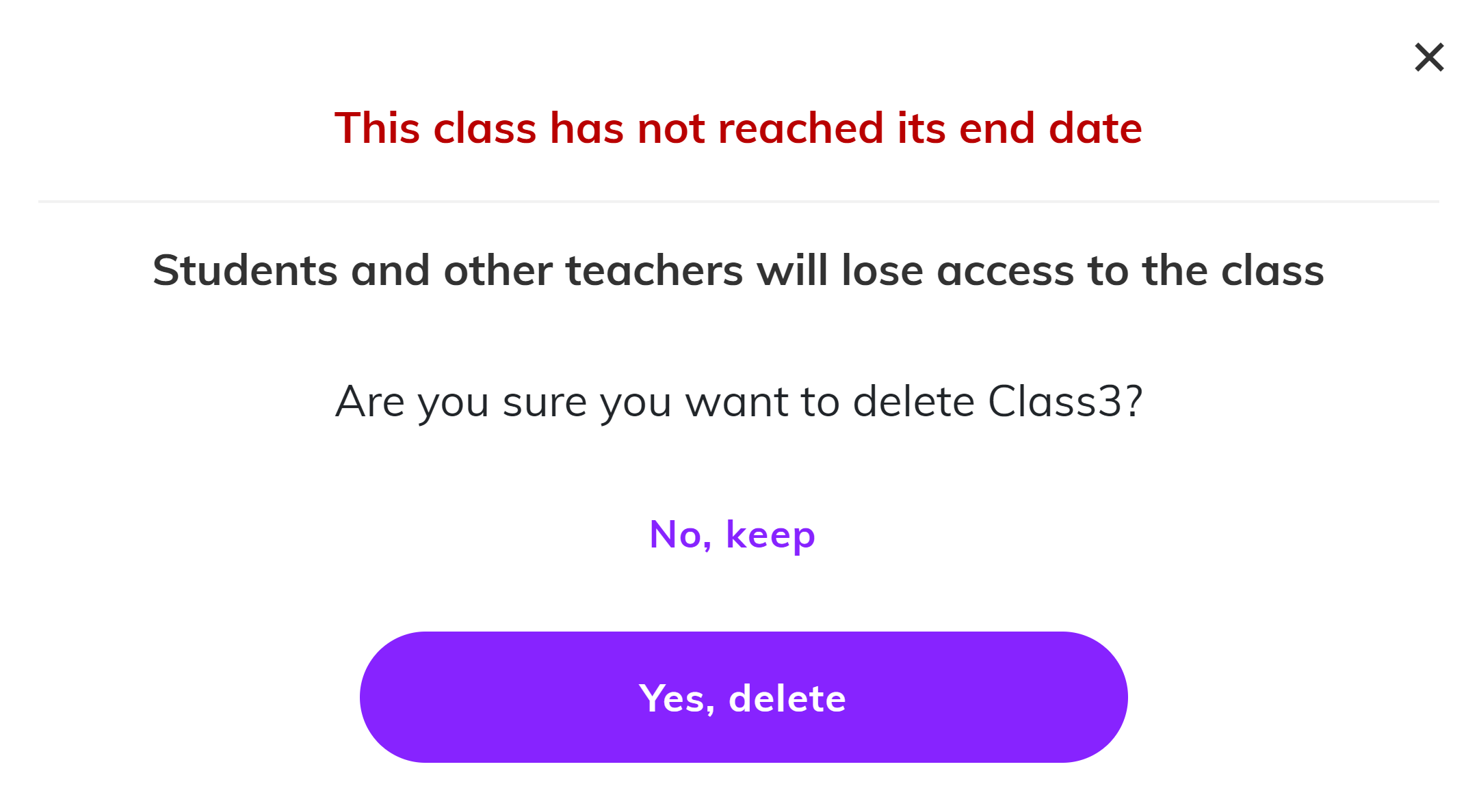 Screenshot of the class deletion warning