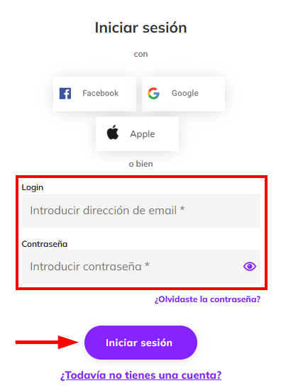 Captura de pantalla de la página de inicio de sesión resaltando los campos de usuario y contraseña, así como el botón 'Iniciar sesión'