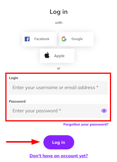 Screenshot showing the login page highlighting the username and password fields as well as the 'Log in' button