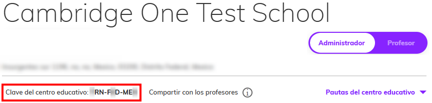 Captura de pantalla del tablero de una cuenta de administrador, donde se resalta la clave del centro educativo