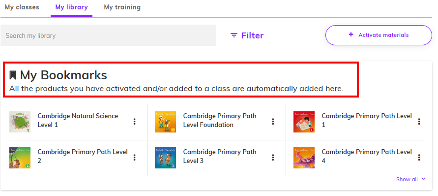 Captura de pantalla que muestra el nuevo material bajo 'My bookmarks'