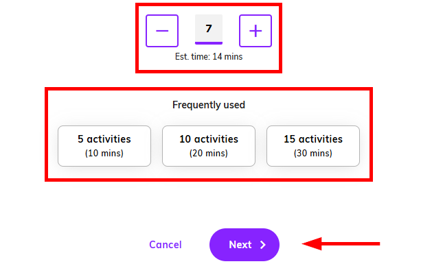 Captura de pantalla resaltando las opciones de tiempo estimado y número de actividades.png