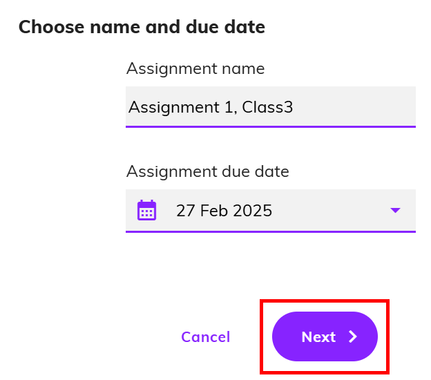 Captura de pantalla resaltando el nombre predeterminado y la fecha de entrega, con el botón 'Next' resaltado.png