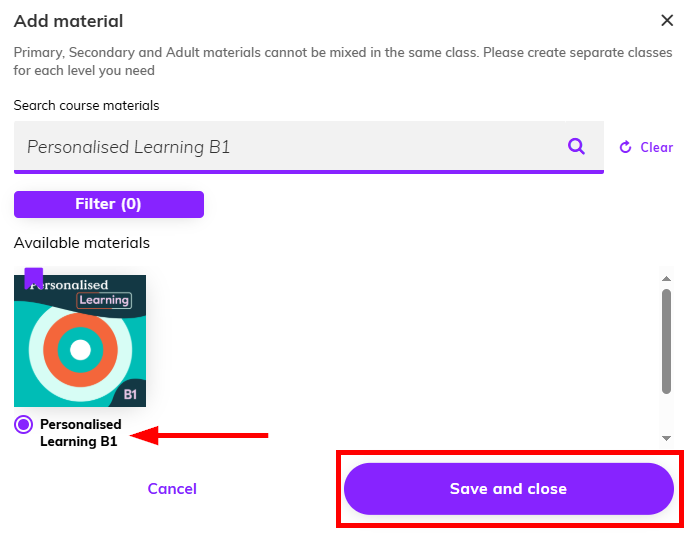 Captura de pantalla que resalta Personalised Learning seleccionado y el botón 'Save and close'