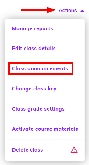 Captura de pantalla del menú 'Actions', 'Class announcements' está resaltado