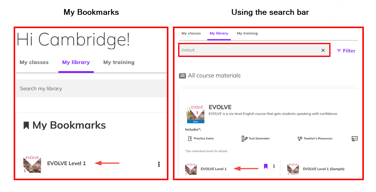 Screenshot showing how to locate the title using the search bar in 'My Library' vs 'My Bookmarks'
