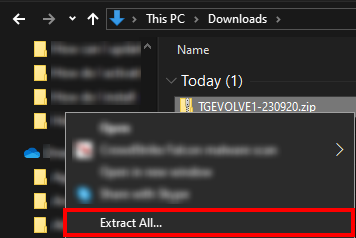 Captura de pantalla mostrando 'Extract all' después de hacer clic derecho en el archivo zip