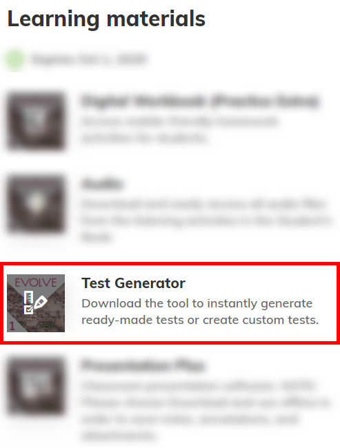 Captura de pantalla resaltando el componente 'Test Generator' una vez que se ha seleccionado el título