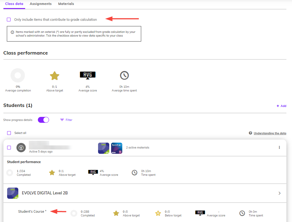 Screenshot of class data box to include grade calculation items is not ticked