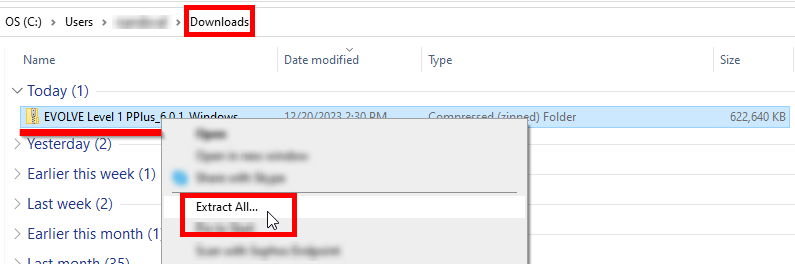 Captura de pantalla mostrando 'Extract all' de 'Presentation Plus' después de hacer clic derecho en el archivo zip