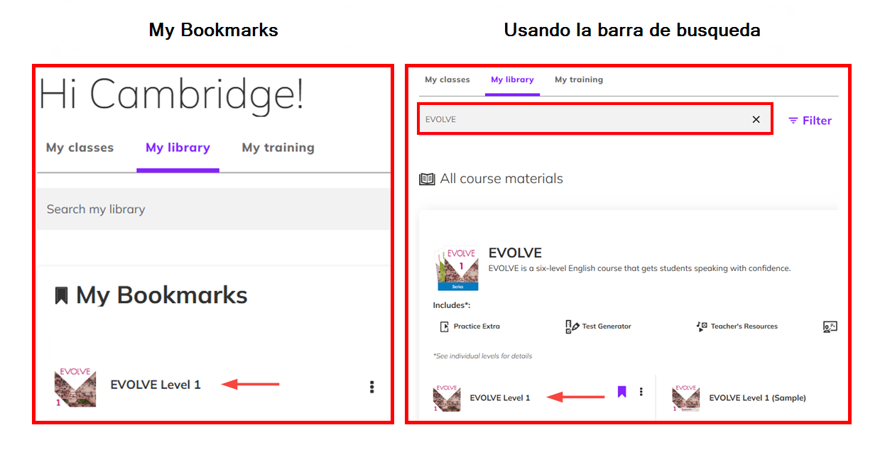 Captura de pantalla que muestra cómo localizar el título usando la barra de búsqueda en 'My Library' vs 'My Bookmarks'