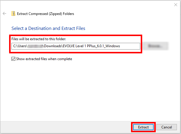 Captura de pantalla resaltando el botón 'Extract' y la ubicación de guardado predeterminada
