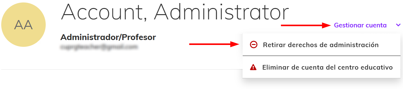 Captura de pantalla resaltando la opción 'Retirar derechos de administración' del menú 'Gestionar cuenta'