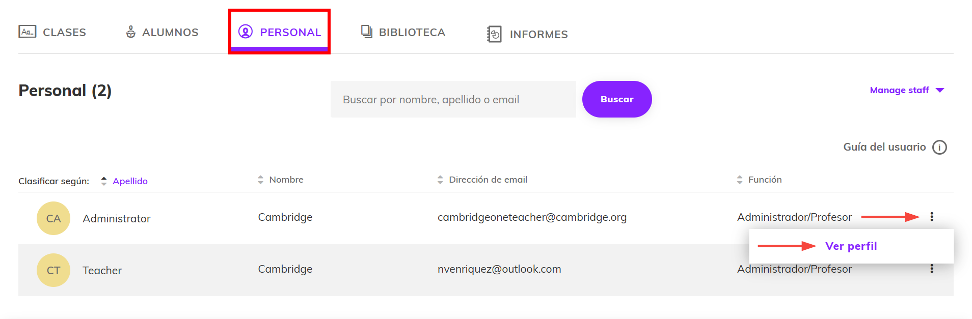 Captura de pantalla de la pestaña 'Personal' que resalta el menú de tres puntos y la opción 'Ver perfil'