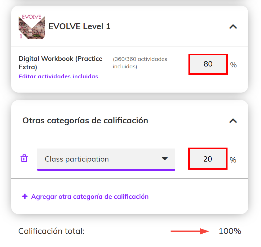 Captura de pantalla que muestra los porcentajes que cada categoría aporta al puntaje total