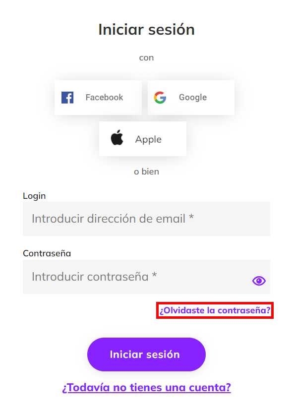 Captura de pantalla que muestra la página de inicio de sesión con el enlace 'Olvidaste tu contraseña' resaltado