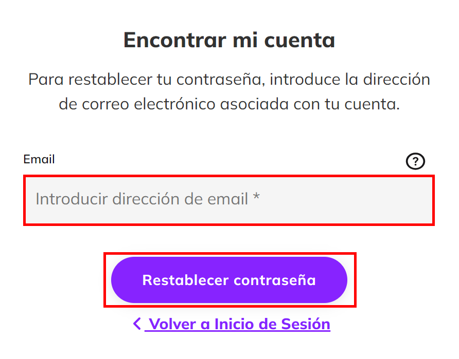 Captura de pantalla que muestra el campo de dirección de correo electrónico y el botón 'Restablecer contraseña' resaltados