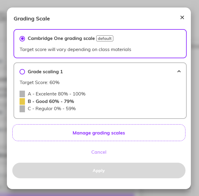 Screenshot showing the 'Grading Scale' window