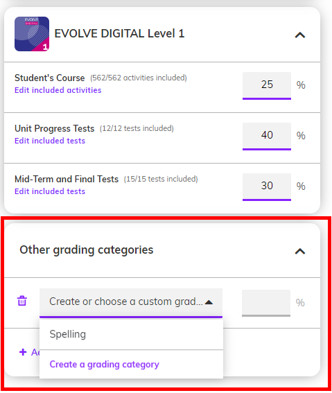 Captura de pantalla que resalta la sección 'Other grading categories'