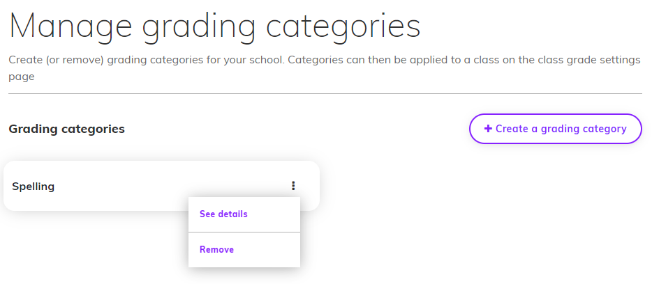 Captura de pantalla de la página 'Manage grading categories' que resalta las opciones del menú de tres puntos