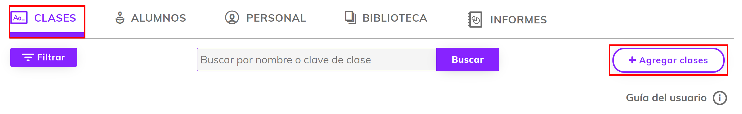 Captura de pantalla del panel de administrador, con la pestaña 'Clases' y el botón '+ Agregar clases' resaltados