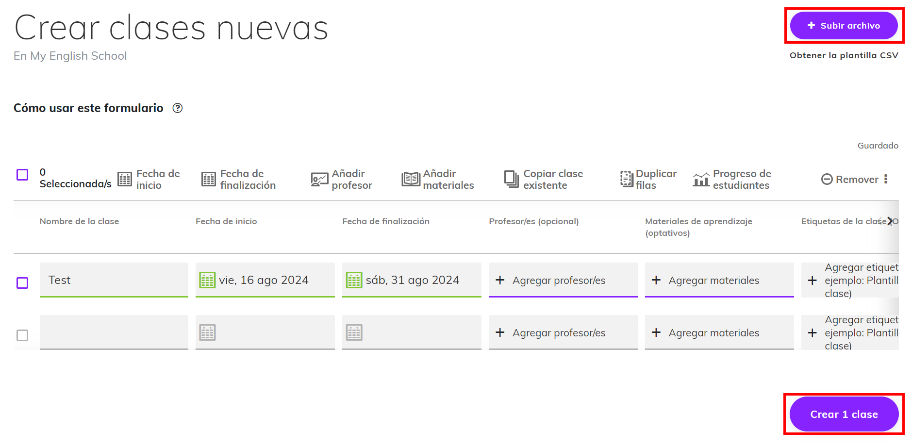Captura de pantalla que resalta los botones '+ Subir archivo' y 'Crear clase'