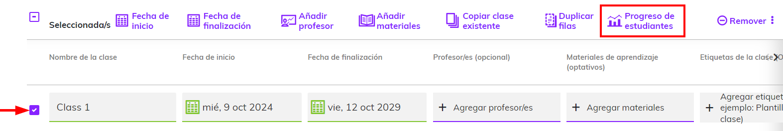 Captura de pantalla que muestra la casilla marcada junto a una clase y la opción 'Progreso de estudiantes' resaltada