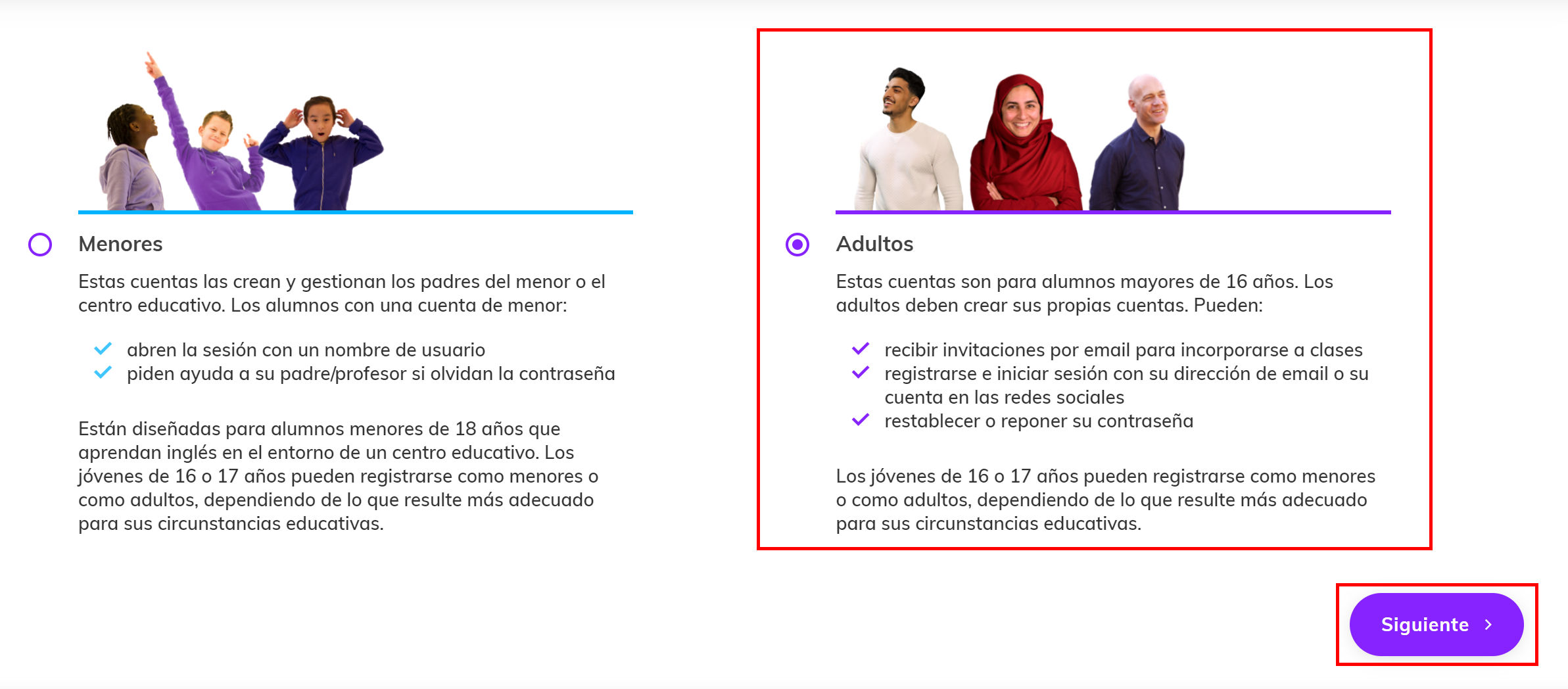 Captura de pantalla que muestra la selección de 'Adultos' en las opciones de tipo de estudiante, para agregar estudiantes de 16 años o más, y resalta el botón 'Siguiente'