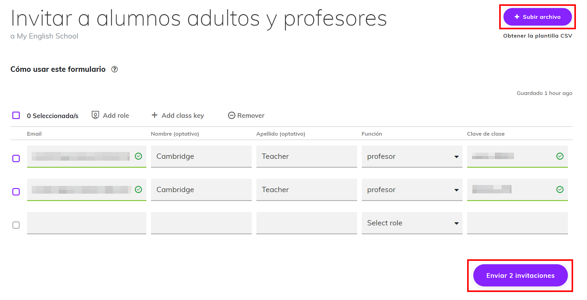 Captura de pantalla que resalta los botones ‘Subir archivo’ y ‘Enviar invitaciones’