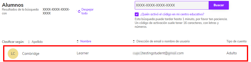 Captura de pantalla que muestra el resultado de la busqueda, resaltando la información del estudiante