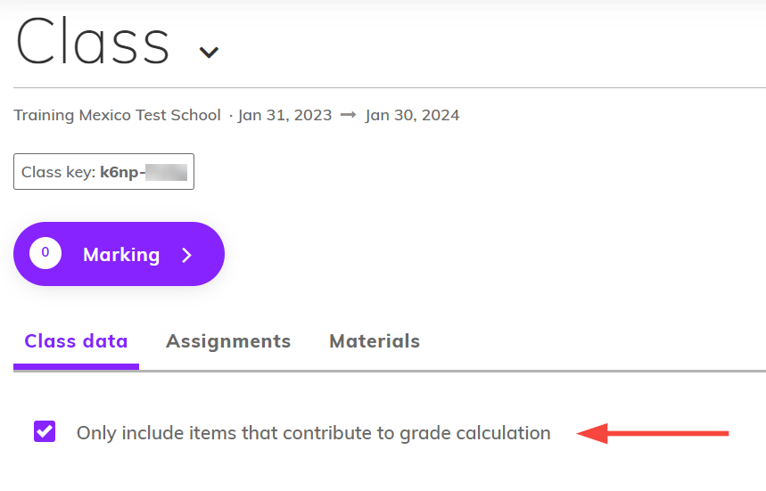 Screenshot of class data box to include grade calculation items is ticked