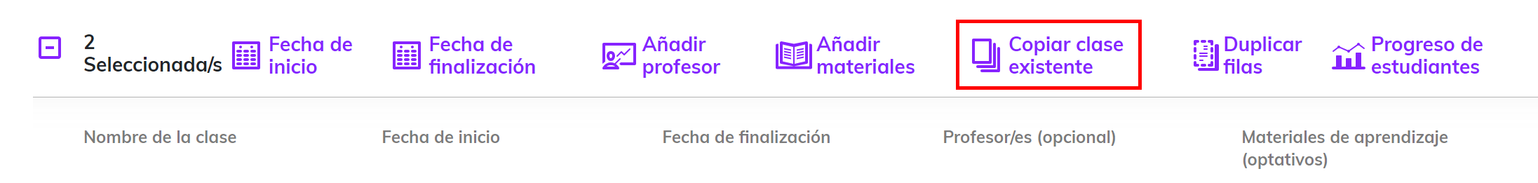 Captura de pantalla con la opción 'Copiar clase existente' resaltada