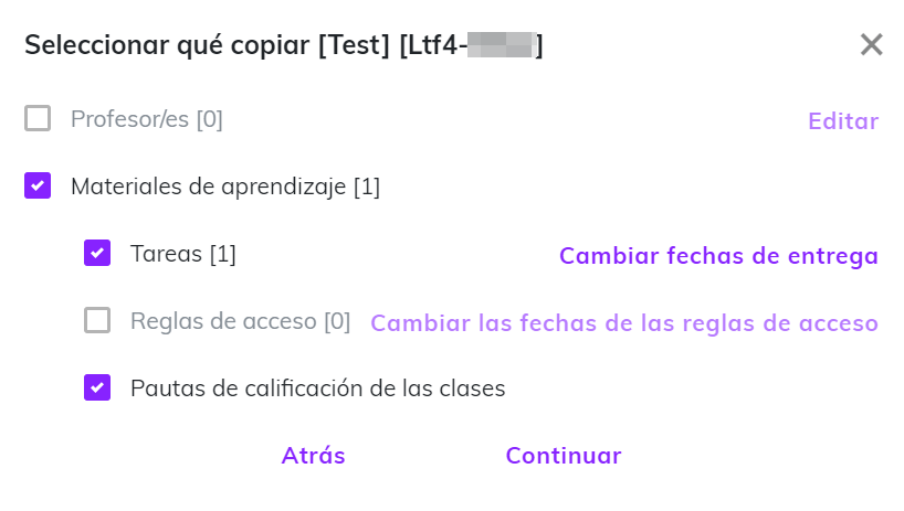 Captura de pantalla que muestra diferentes elementos seleccionados para copiarse de la clase plantilla