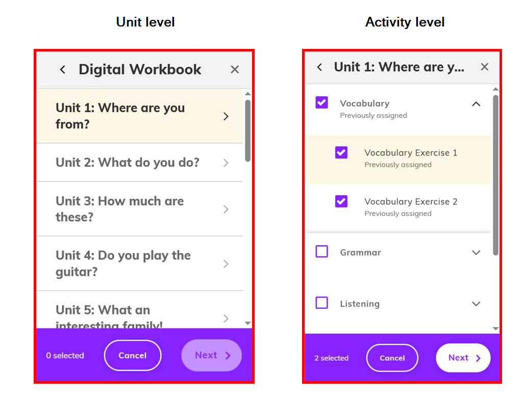 Screenshot showing the selection at unit and activity level