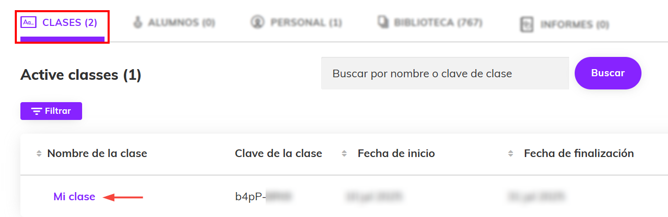 Captura de pantalla del panel de administrador con la pestaña 'Classes' y el nombre de una clase resaltados