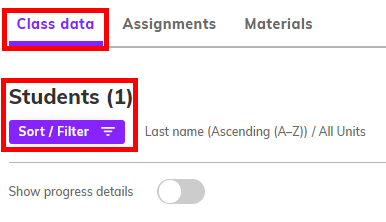 Screenshot highlighting the 'Sort Filter' button below the 'Students' heading under 'Class data'