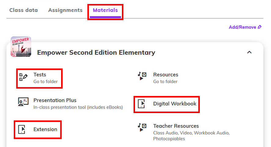 Screenshot of the 'Materials' tab showing a class with Empower Elementary highlighting 'Digital Workbook', 'Tests', and 'Extension'