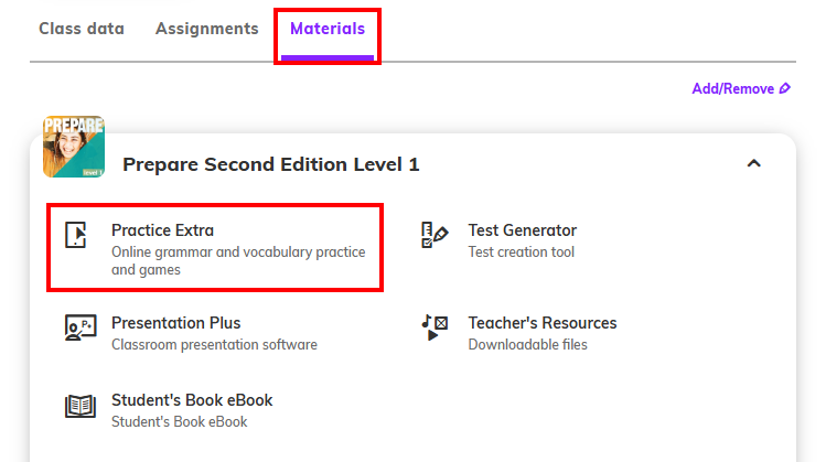 Screenshot of the 'Materials' tab showing a class with Prepare Level 1 highlighting 'Practice Extra'